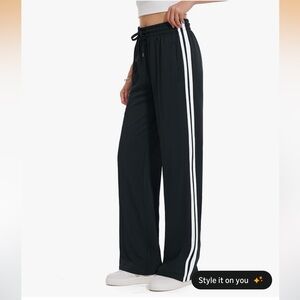 Wide-Leg Black Track Pants with White Side Stripes